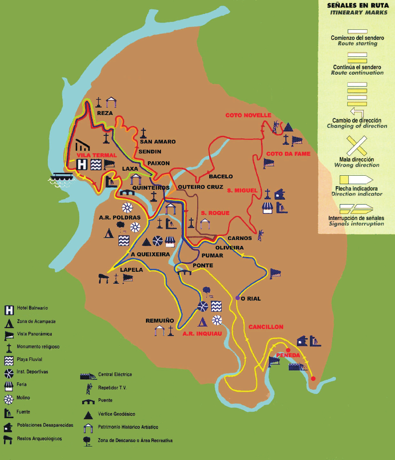 Mapa das rutas de sendeirismo na Arnoia
